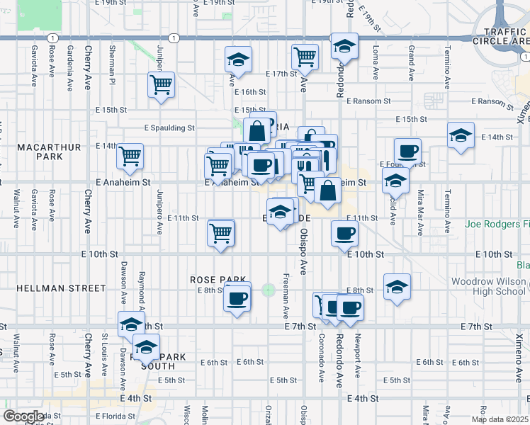 map of restaurants, bars, coffee shops, grocery stores, and more near 1111 Orizaba Avenue in Long Beach