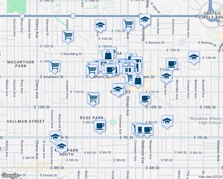 map of restaurants, bars, coffee shops, grocery stores, and more near 1111 Orizaba Avenue in Long Beach