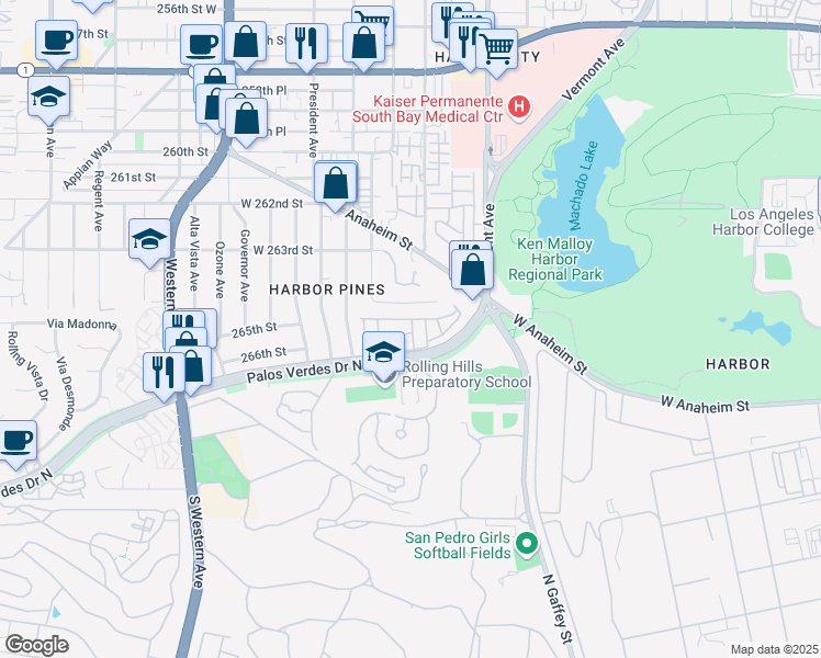 map of restaurants, bars, coffee shops, grocery stores, and more near 1501 Palos Verdes Drive North in Los Angeles