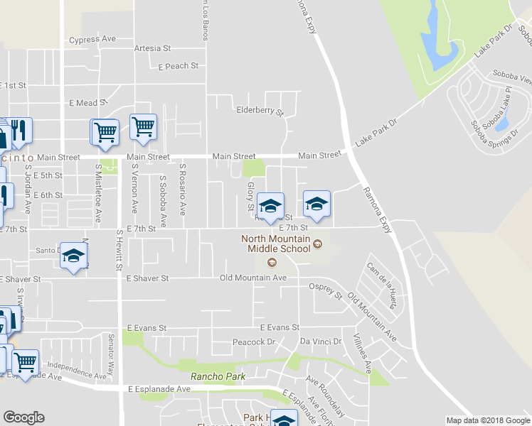 map of restaurants, bars, coffee shops, grocery stores, and more near 1105 Reward Street in San Jacinto