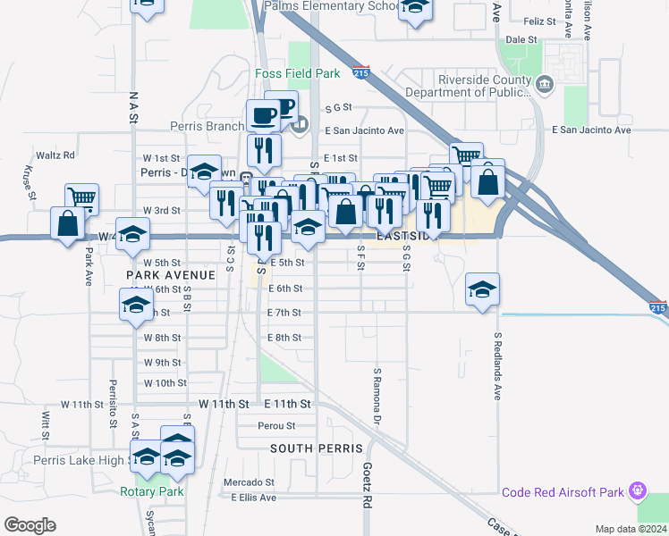 map of restaurants, bars, coffee shops, grocery stores, and more near 236 East 5th Street in Perris