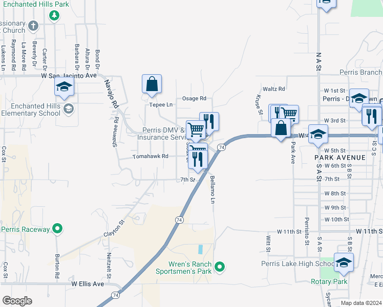 map of restaurants, bars, coffee shops, grocery stores, and more near 550 Sioux Drive in Perris