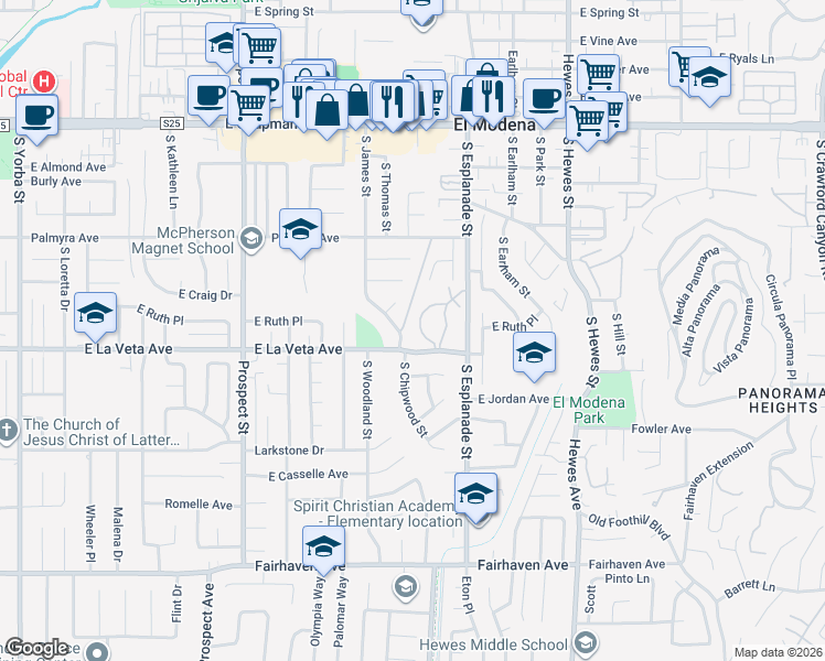 map of restaurants, bars, coffee shops, grocery stores, and more near 450 South Estate Drive in Orange
