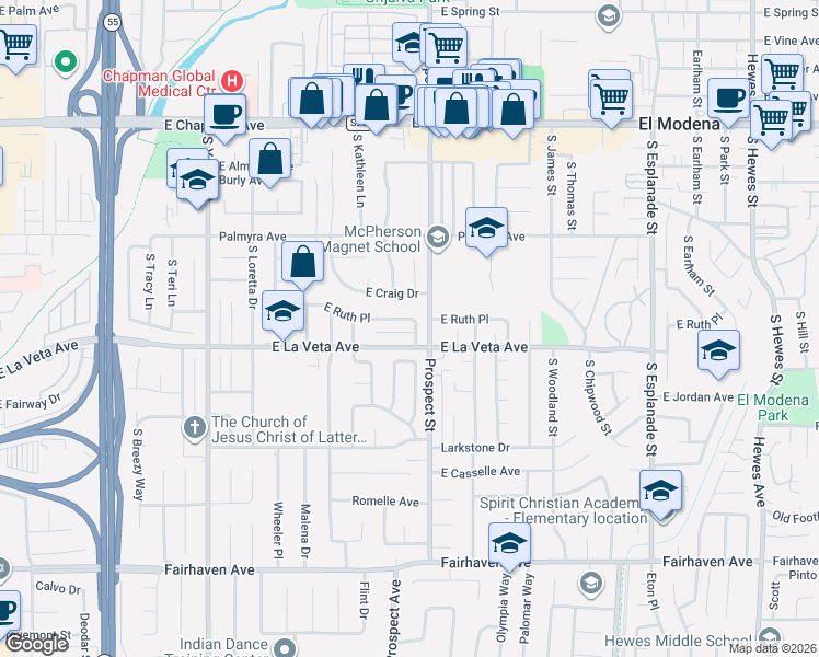 map of restaurants, bars, coffee shops, grocery stores, and more near 3215 East Ruth Place in Orange