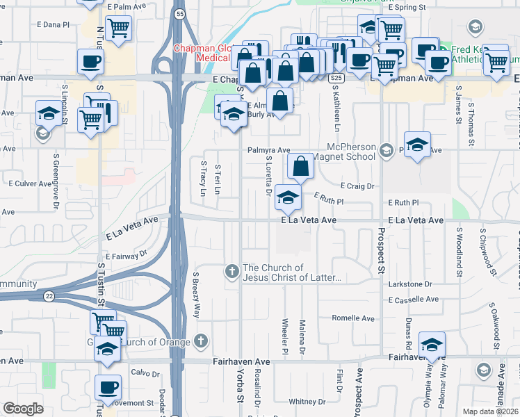 map of restaurants, bars, coffee shops, grocery stores, and more near 450 South Rosalind Drive in Orange