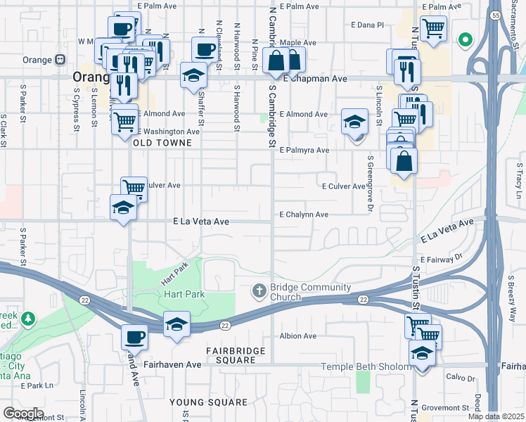 map of restaurants, bars, coffee shops, grocery stores, and more near 444 South Cambridge Street in Orange