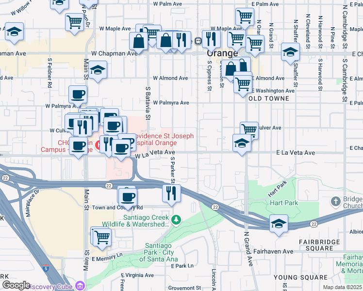 map of restaurants, bars, coffee shops, grocery stores, and more near 451 South Parker Street in Orange