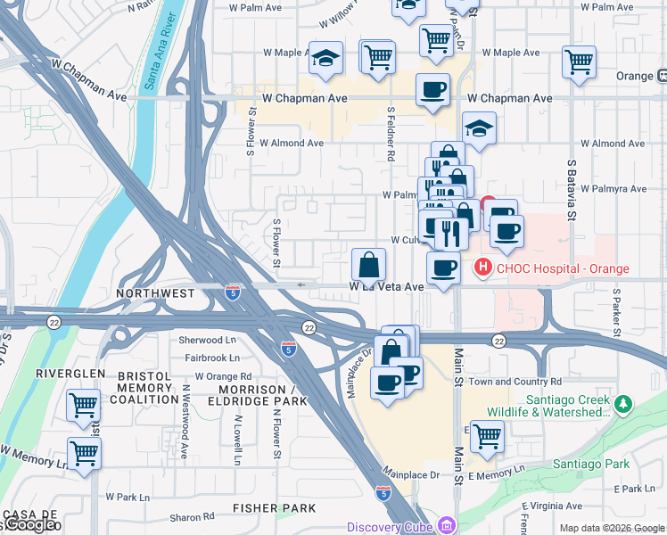 map of restaurants, bars, coffee shops, grocery stores, and more near 1920 West Culver Avenue in Orange