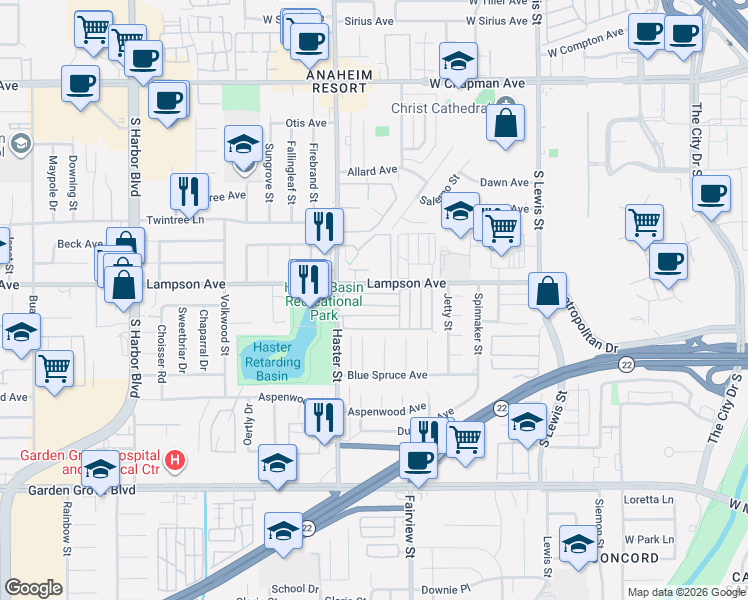 map of restaurants, bars, coffee shops, grocery stores, and more near Rodeo in Garden Grove