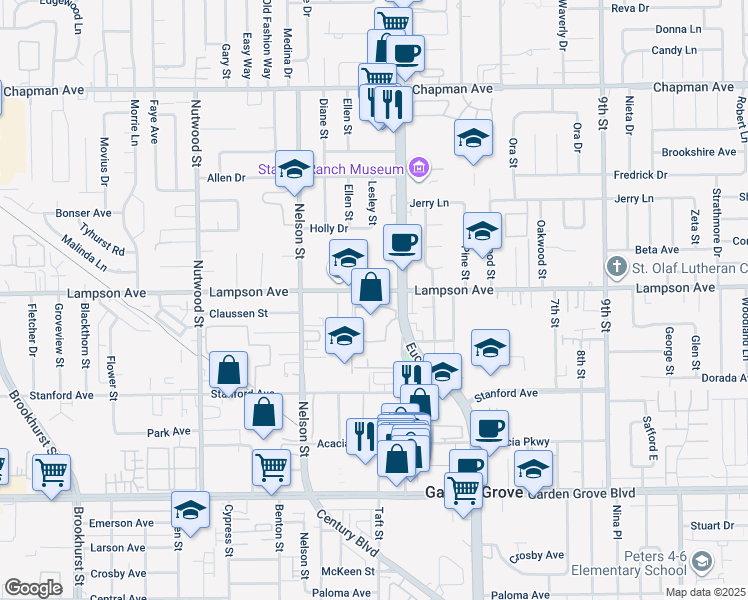 map of restaurants, bars, coffee shops, grocery stores, and more near 10951 Lampson Avenue in Garden Grove