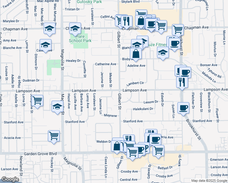 map of restaurants, bars, coffee shops, grocery stores, and more near 12461 Gilbert Street in Garden Grove