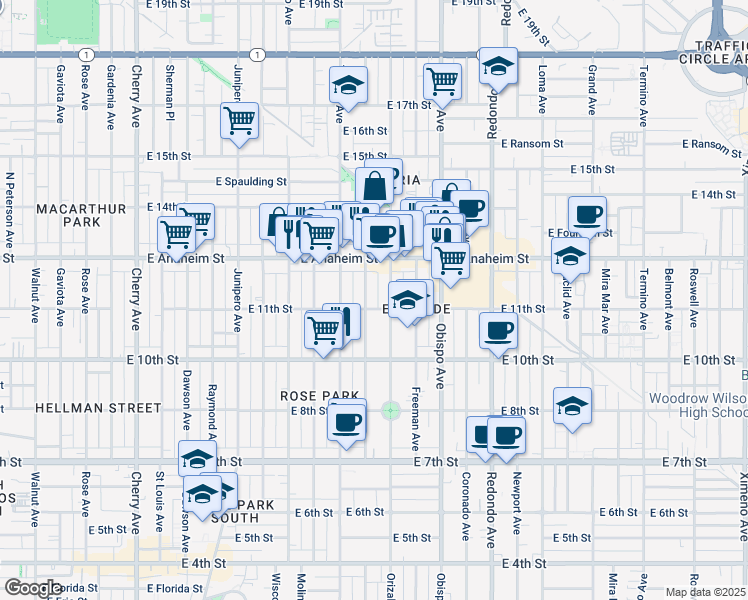 map of restaurants, bars, coffee shops, grocery stores, and more near 1137 Gladys Avenue in Long Beach