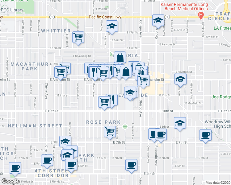 map of restaurants, bars, coffee shops, grocery stores, and more near 1137 Gladys Avenue in Long Beach