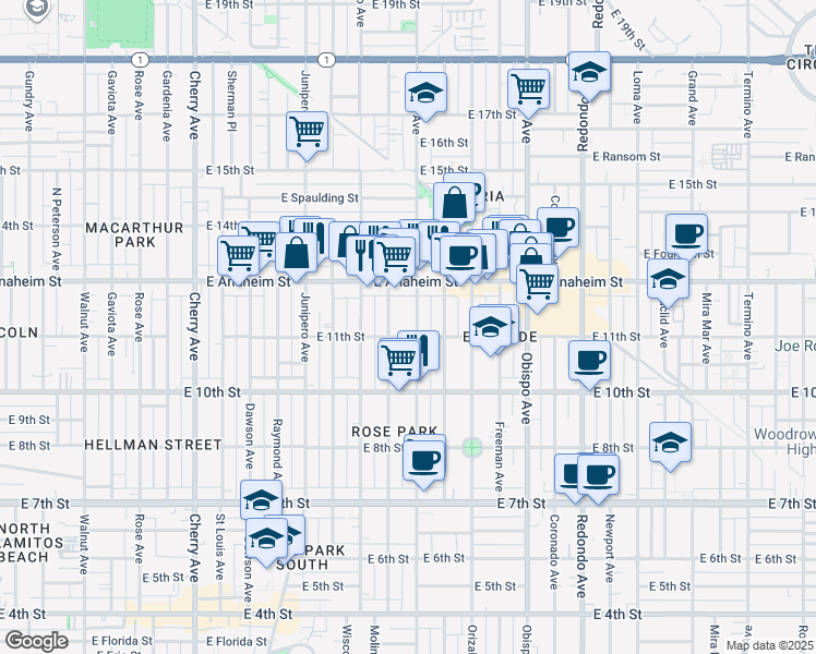 map of restaurants, bars, coffee shops, grocery stores, and more near 1150 Ohio Avenue in Long Beach
