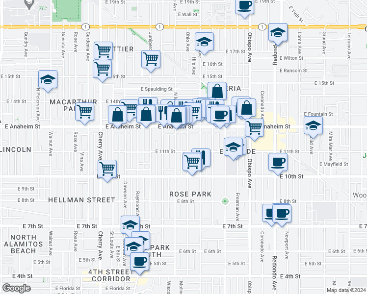 map of restaurants, bars, coffee shops, grocery stores, and more near 1138 Molino Avenue in Long Beach