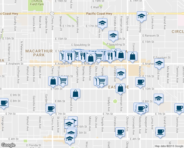map of restaurants, bars, coffee shops, grocery stores, and more near 1138 Molino Avenue in Long Beach