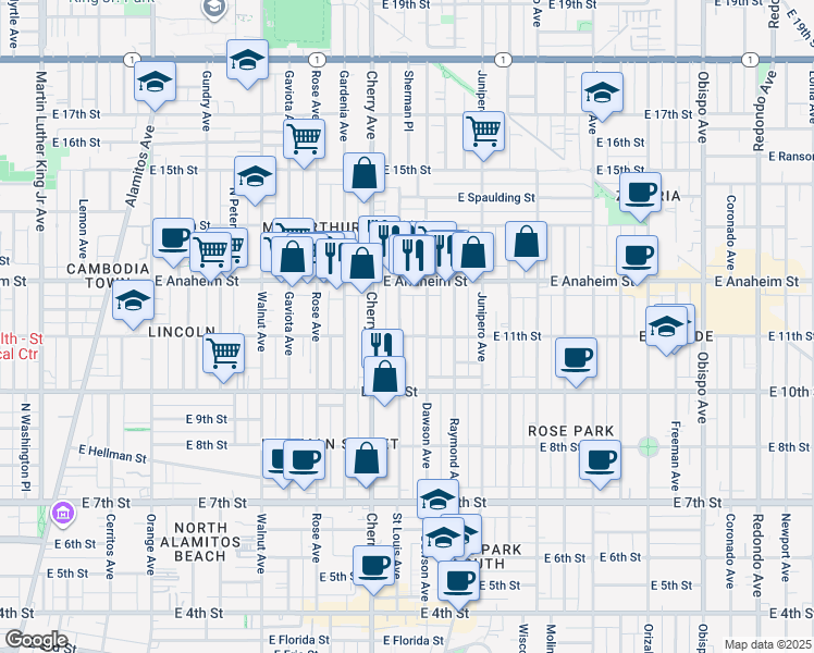 map of restaurants, bars, coffee shops, grocery stores, and more near 1131 Saint Louis Avenue in Long Beach