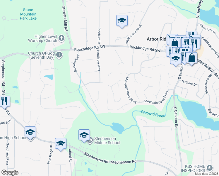 map of restaurants, bars, coffee shops, grocery stores, and more near 6737 Summer Oak Court in Stone Mountain