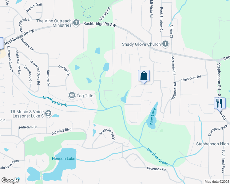 map of restaurants, bars, coffee shops, grocery stores, and more near 5986 Hitt Lake Trail in Stone Mountain