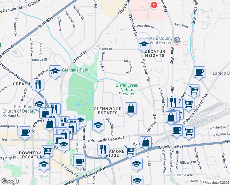 map of restaurants, bars, coffee shops, grocery stores, and more near 393 Glenn Circle in Decatur