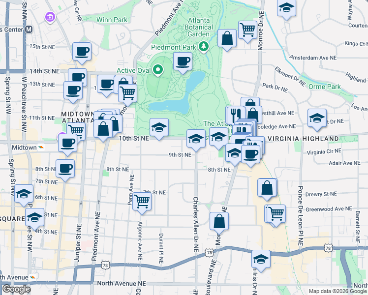 map of restaurants, bars, coffee shops, grocery stores, and more near 417 10th Street Northeast in Atlanta