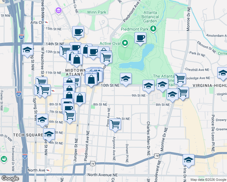 map of restaurants, bars, coffee shops, grocery stores, and more near in Atlanta