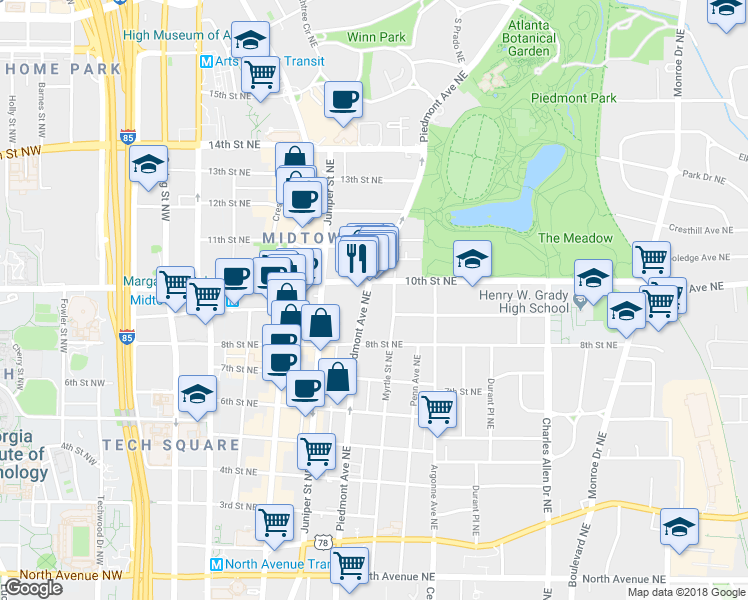 map of restaurants, bars, coffee shops, grocery stores, and more near in Atlanta