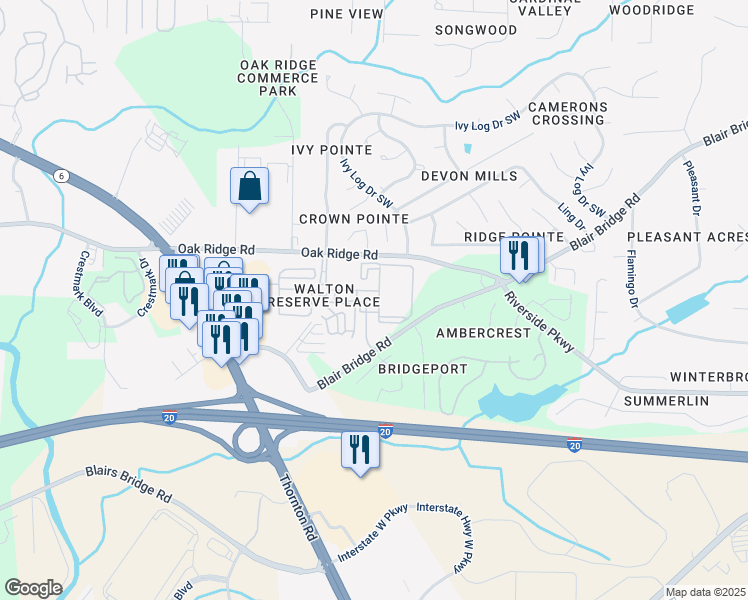 map of restaurants, bars, coffee shops, grocery stores, and more near 1500 Walton Reserve Boulevard in Austell
