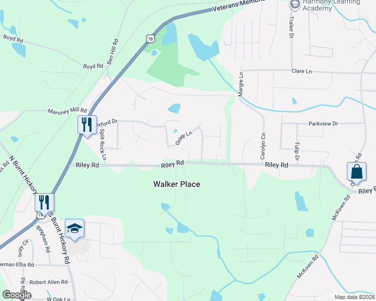 map of restaurants, bars, coffee shops, grocery stores, and more near 905 Riley Farm Lane in Douglasville