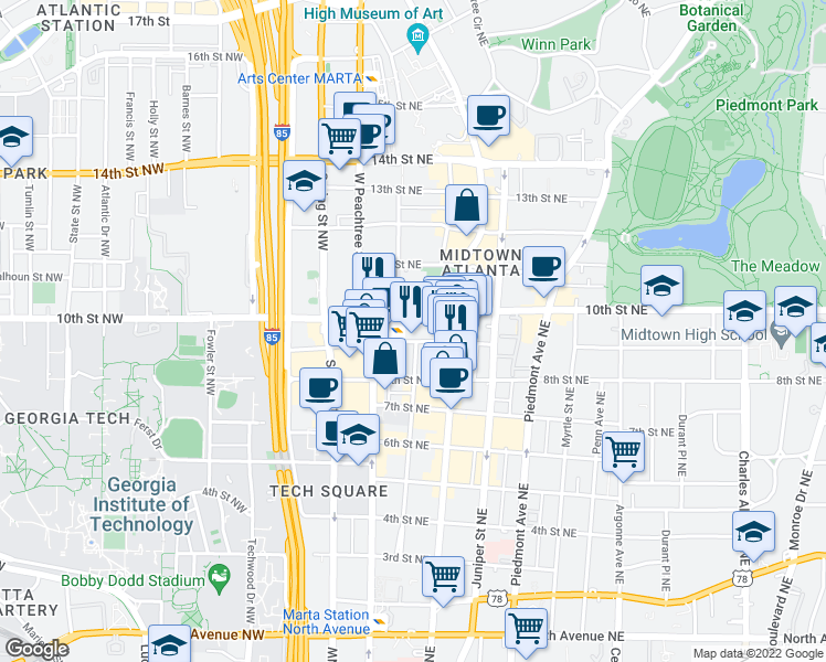 map of restaurants, bars, coffee shops, grocery stores, and more near 10th Street in Atlanta