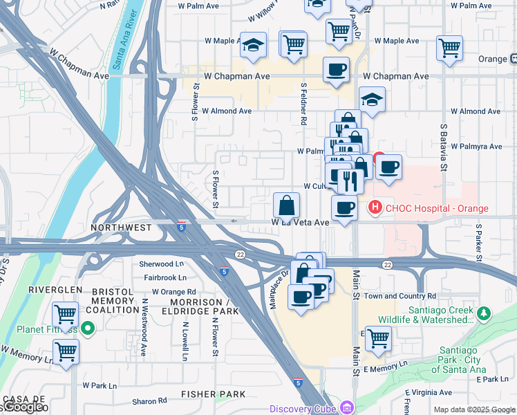 map of restaurants, bars, coffee shops, grocery stores, and more near 1921 West La Veta Avenue in Orange