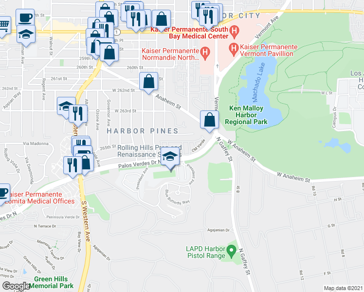 map of restaurants, bars, coffee shops, grocery stores, and more near 1501 Palos Verdes Drive North in Los Angeles