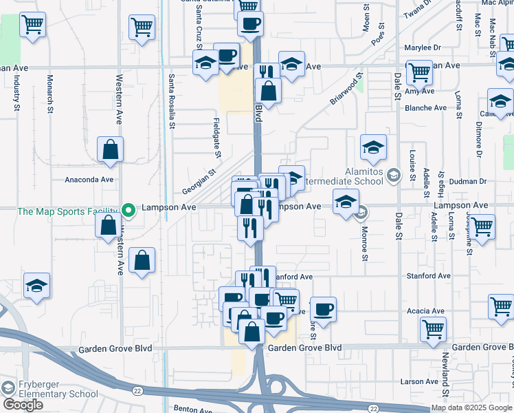 map of restaurants, bars, coffee shops, grocery stores, and more near Beach Boulevard & Lampson Avenue in Stanton