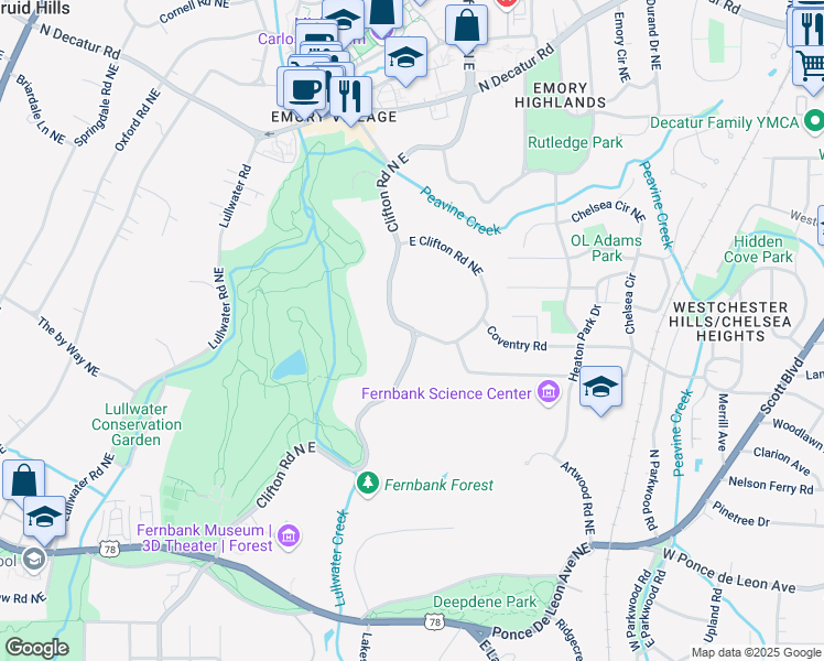 map of restaurants, bars, coffee shops, grocery stores, and more near 1600 East Clifton Road Northeast in Atlanta