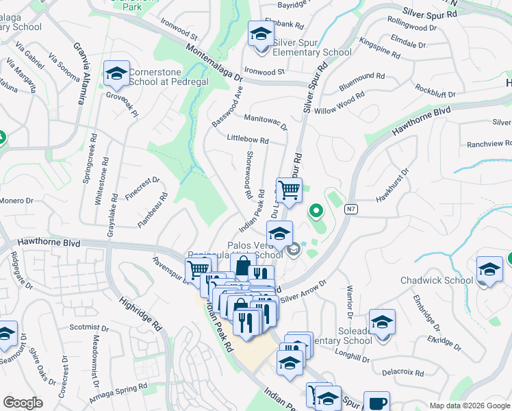 map of restaurants, bars, coffee shops, grocery stores, and more near 26852 Shorewood Road in Rancho Palos Verdes