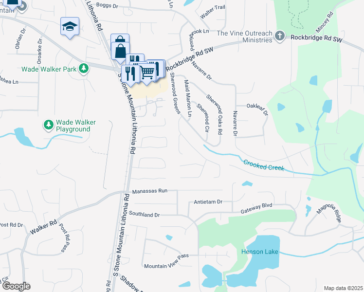 map of restaurants, bars, coffee shops, grocery stores, and more near 574 Old Friar Tuck Lane in Stone Mountain