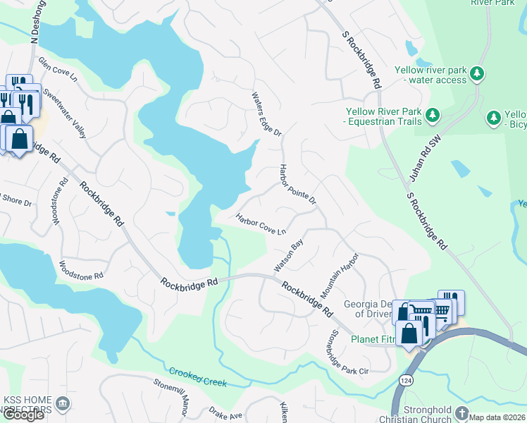 map of restaurants, bars, coffee shops, grocery stores, and more near 7406 Harbor Cove Court in Stone Mountain