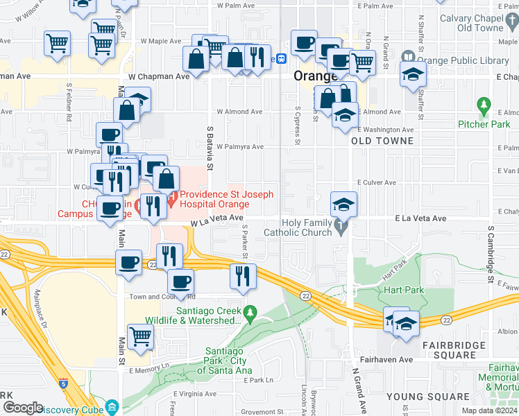 map of restaurants, bars, coffee shops, grocery stores, and more near 476 South Pixley Street in Orange