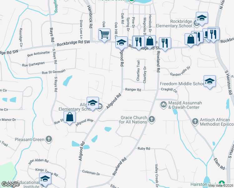 map of restaurants, bars, coffee shops, grocery stores, and more near 573 Allgood Road in Stone Mountain