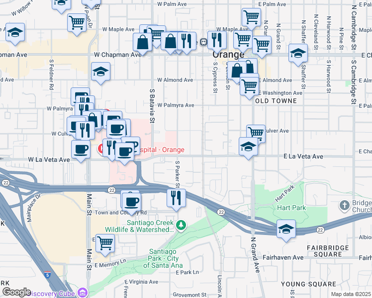 map of restaurants, bars, coffee shops, grocery stores, and more near 476 South Pixley Street in Orange