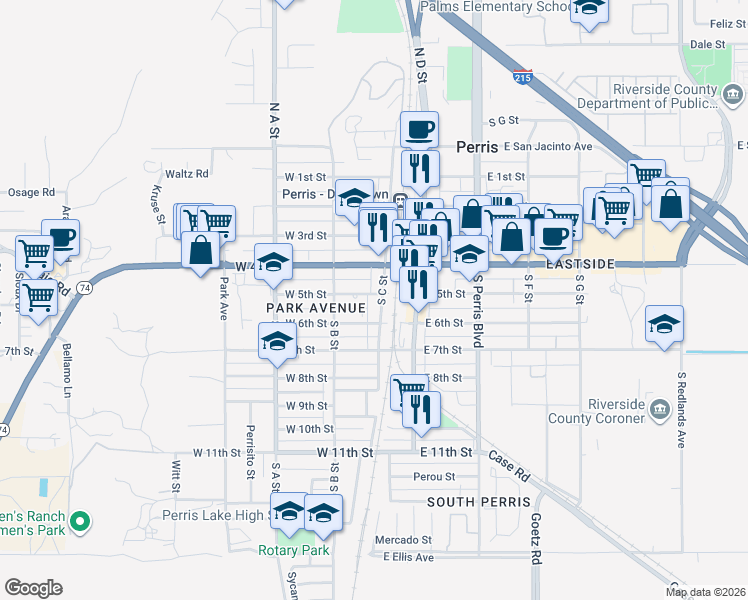 map of restaurants, bars, coffee shops, grocery stores, and more near Center Street in Perris