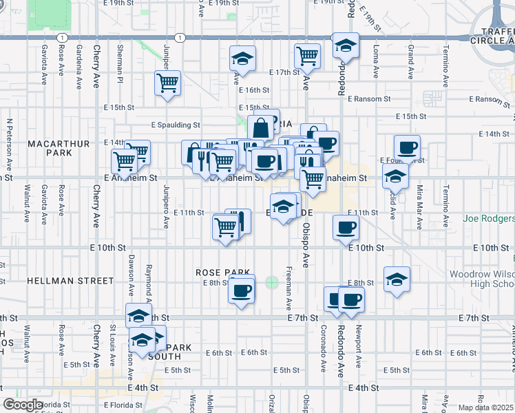 map of restaurants, bars, coffee shops, grocery stores, and more near 1137 Gladys Avenue in Long Beach