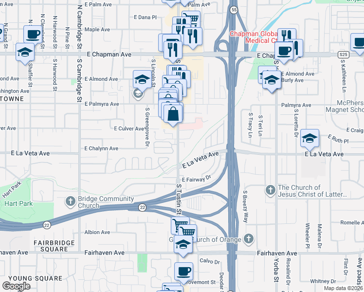 map of restaurants, bars, coffee shops, grocery stores, and more near 445 South Tustin Street in Orange