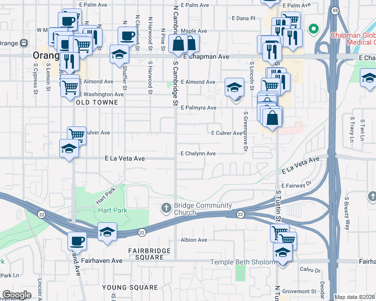 map of restaurants, bars, coffee shops, grocery stores, and more near 1018 East Mardell Avenue in Orange