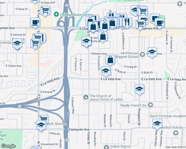 map of restaurants, bars, coffee shops, grocery stores, and more near 472 South Rosalind Drive in Orange