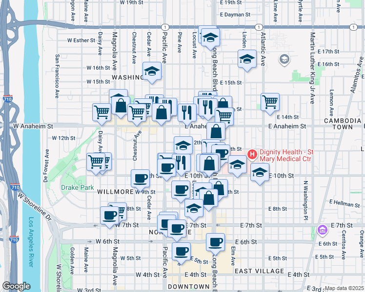 map of restaurants, bars, coffee shops, grocery stores, and more near 1152 Pine Avenue in Long Beach