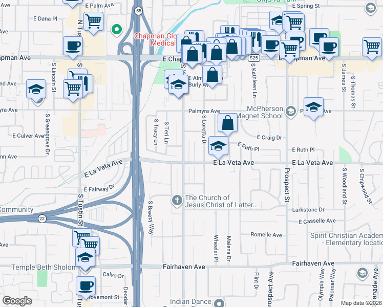 map of restaurants, bars, coffee shops, grocery stores, and more near 472 South Rosalind Drive in Orange