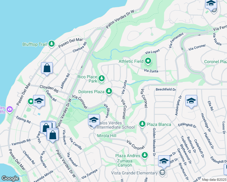 map of restaurants, bars, coffee shops, grocery stores, and more near 1137 Vía Coronel in Palos Verdes Estates