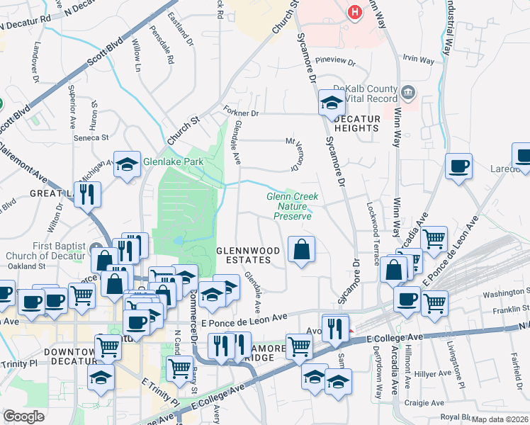 map of restaurants, bars, coffee shops, grocery stores, and more near 393 Glenn Circle in Decatur