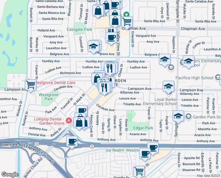 map of restaurants, bars, coffee shops, grocery stores, and more near in Garden Grove